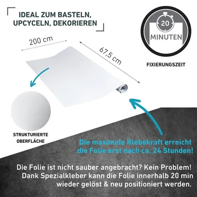 A white roll of adhesive foil is shown with dimensions and usage information.
