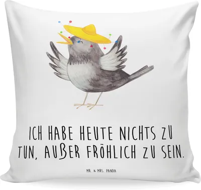 Produktbild von Mr. & Mrs. Panda 40x40 Kissen Rabe Sombrero - Weiß - Geschenk, Couchkissen, Vogel, Motivation, Polster, glücklich sein, Elster, Lustige Sprüche, Vögel, für sofa, bedruckt