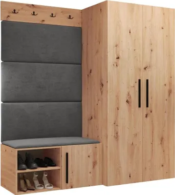 Produktbild von MIRJAN24 Garderoben-Set Medi I, Schuhschrank, Kleiderhakenbrett, 4x Paneel 84x42, 4 Kleiderhaken (Farbe: Artisan Eiche, Manila 16)