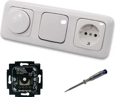 Produktbild von Busch Jäger 6523U-102 LED Drehdimmer Dimmer + Dimmerscheibe 2115-214 + Lichtschalter 2000/6US + Steckdose 20EUC-214 Reflex Si alpinweiß glänzend + EBROM Phasenprüfer z. Montage der Geräte 6523 U – 102