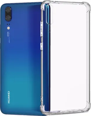 A clear protective case is shown next to a blue Huawei P20 smartphone.