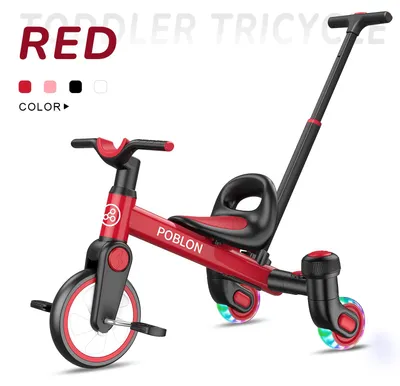 Obrázok produktu pre Trojkolesový bicykel Kinder 3 v 1 – Drift trike – 360° otáčanie – Svetelné kolesá – Nastaviteľné sedadlo – Odpruжение – Ovládanie pre rodičov – Červená farba