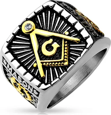 Produktbild von Freimaurer Ring Herren Edelstahl Tempelritter Ring Masonic Siegelring Symbol G silber 59 - Ø 18,95 mm