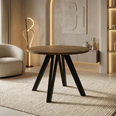 Produktbild von Runder Esstisch Ausziehbar 100–140 cm mit Schwarzen Holzbeinen aus Buchenholz – Moderner Ausziehtisch für Esszimmer, Küche und Wohnzimmer – Tisch für 4–8 Personen – Eiche Braun Rustikal