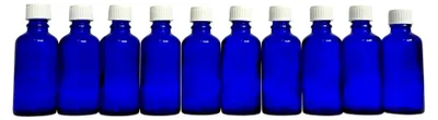 Produktbild von 10 Blauglasflaschen à 50 ml mit DIN18 Gewinde und Deckel