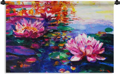 Produktbild von MuchoWow® Wandteppich Wandbehang Gemälde - Öl - Seerose - Wasser 90x60 cm Tapisserie Dekoration Wandtuch - Wandskulpturen - Bildteppich