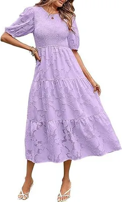 Produktbild von Damen Sommerkleid 2024 mit Puffärmeln, Gesmokt, Blumenmuster, Rundhalsausschnitt, Spitze, Fließend, Gestuftes Midikleid