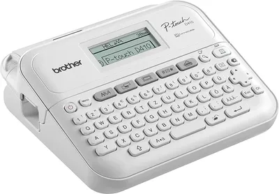 A white Brother P-touch D410 desktop label maker is shown from a slightly elevated front-right angle on a white background.