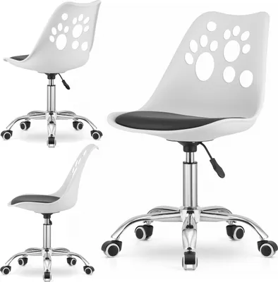 A collage of three images showing a white office chair with a black seat and paw print cutouts on the backrest, displayed from different angles.