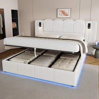 Produktbild von STILVORA Polsterbett 180x200 cm mit Bettkasten, Stauraumbett mit Leselampe und USB-Anschluss, Jugendbett mit Samtbezug, Weiß, ohne Matratze