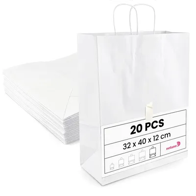 Zdjęcie produktu dla Torby papierowe z rączkami, białe, 32x40x12 cm, idealne na prezenty – Białe (32x40x12 cm), opakowanie 20 sztuk