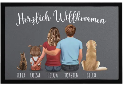 Produktbild von Fußmatte Familie personalisiert mit Figuren und Namen 1,2,3,4 Kinder Hund Katze rutschfest & waschbar SpecialMe® schwarz 60x40cm