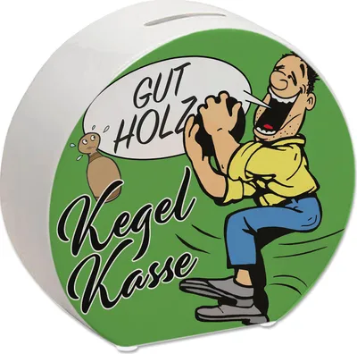 Produktbild von Kegelkasse Spardose Gut Holz in grün mit lustigem Kegelspieler Motiv