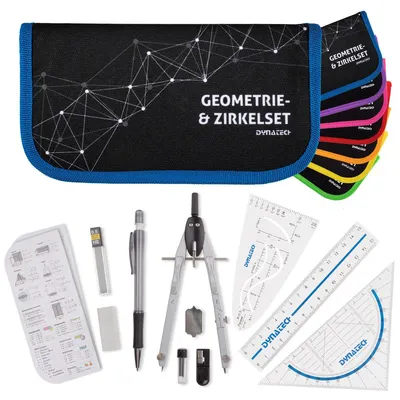Produktbild von DynaTech Geometrie- und Zirkelset (13-teilig) Etui mit Reißverschluss in blau