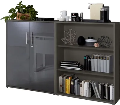 Produktbild von Aktenschrank TABOR 1 niedrig in anthrazit / anthrazit Hochglanz, Schrankwand, Büroschrank, abschließbar, Metallgriffe