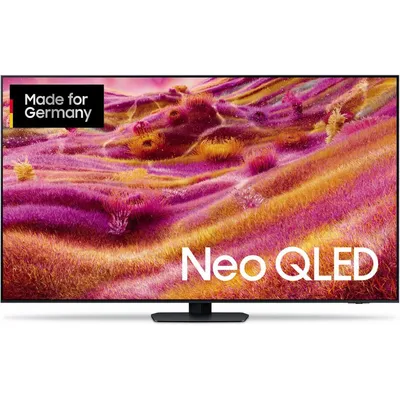A Samsung Neo QLED TV displaying a colorful abstract image, with a 'Made for Germany' badge in the top left corner.