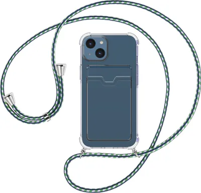 Produktbild von Handykette Backcover-Schutzhülle mit Band (Metall silberfarben) für Apple iPhone 15 - grün/blau/weiß