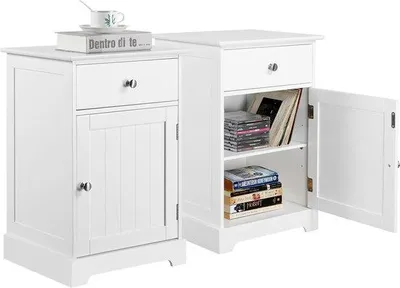Image de Ensemble de deux tables de chevet - Nombreux rangements - Table de chevet à plateau réglable - Table d'appoint classique - Blanc