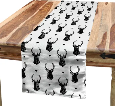 Produktbild von ABAKUHAUS Hirsch Tischläufer, Einfarbige Grunge Tierschattenbilder und Dreiecke Hipster Stil Illustration, 40 x 300 cm, Weiß Schwarz