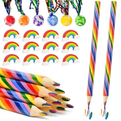 Productafbeelding van Regenboogstiften set, 36 stuks: 12 driehoekige kleurpotloden (4 kleuren per potlood), 12 gummetjes, 12 stuiterballen