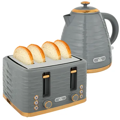 Produktbild von HOMCOM Wasserkocher Toaster Set Frühstück-Set mit 1,7L Wasserkocher, 4 Scheiben Toaster, 2200 W, 7 Bräunungsstufen, Auftauen, Aufwärmen und Krümelfach, Otter Thermostat, Grau