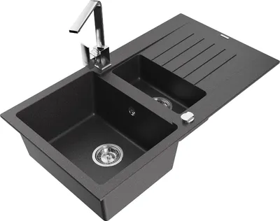 Produktbild von Mexen Matias 1,5-Becken-Granitspüle mit Abtropffläche und Mischbatterie Rita, Schwarz gesprenkelt - 6502-76-670300-00