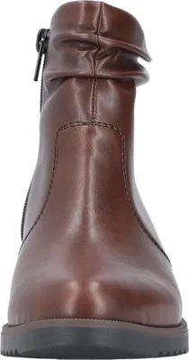 A front view of a brown leather boot.
