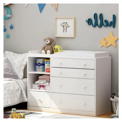 Produktbild von Wickelkommode mit 5 Schubladen und 2 offenen Stauräumen, Babymöbel für das Babyzimmer in Weiß 120 * 50 * 91,5 cm