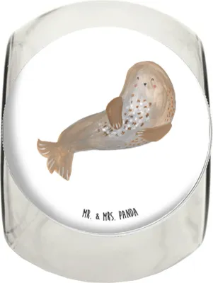 Produktbild von Mr. & Mrs. Panda Süßigkeitenglas Robbe Lachen L 870ml - Weiß - Geschenk, Vorratsbehälter, Ostsee, Tiermotive, Nordsee, Seehund, Teedose, Vorratsglas, Bonboniere, Strand
