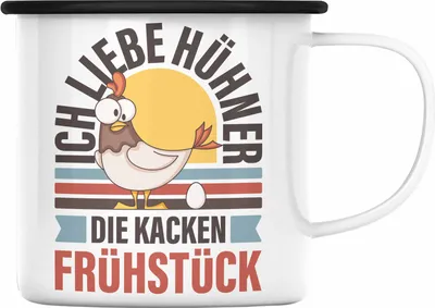 Produktbild von Trendation - Lustige Emaille Emaille Tasse mit Spruch Emaille Tasse mit Sprüchen Hühner Ich Liebe Hühner Die Kacken Frühstück (Schwarz)