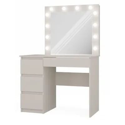 A vanity table with a mirror and lights.