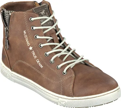 Produktbild von Mustang Damen Schnürboot High Top Sneaker Reißverschluss Logo Schriftzug 1349-503, Größe:37 EU, Farbe:Braun