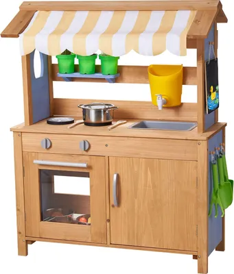 Produktbild von Spielküche Kinderküche - Outdoor-Holzküche Matschküche - Spülbecken & Wassertank - Sonnenschutz - Kochgeschirr & Zubehör - Ab 3 Jahren - Maße: 79,5 x 33,9 x 100 cm