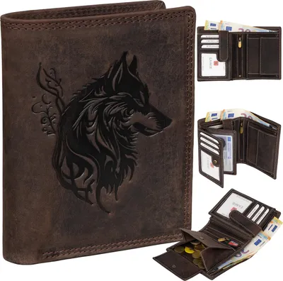 Produktbild von RFID Büffel Echt Leder Geldbörse Portemonnaie Herren mit geprägtem Motiv Braun Hochformat Wolf