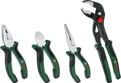 Immagine prodotto di Set di pinze Bosch, 4 pezzi, tronchesino diagonale, pinza universale, pinza a becchi, pinza multifunzione