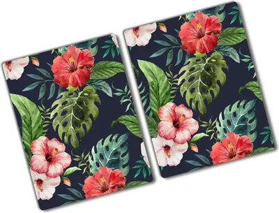 Produktbild von Tulup Glas Herdabdeckplatte - 2x40x52 cm - Glaskeramikkochfeld-Abdeckung Spritzschutz Glasabdeckplatte Kochplattenabdeckung und Schneidebrett - Zweiteilig - Blumen & Pflanzen - Tropische Blumen - Mehrfarbig