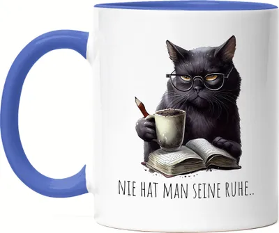 Produktbild von Nie hat man seine Ruhe Tasse Blau Katze Leseratte Bücherwurm Roman
