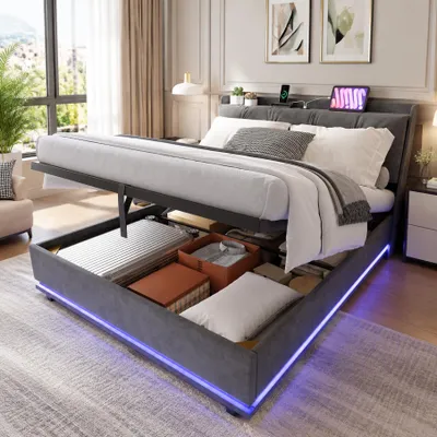 Obrázok produktu pre INONEFT čalúnená posteľ 140x190 cm s LED osvetlením a USB portmi, hydraulická posteľ s úložným priestorom, dvojlôžko s opierkou, rám postele s roštom, materiál: zamat, farba: sivá