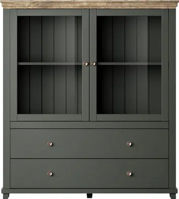 Produktbild von Highboard Elda Vitrinenschrank 126x42x138cm grün / Eiche Lefkas 2-türig