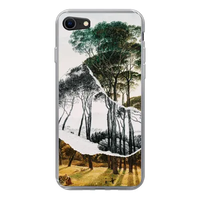 Produktbild von MuchoWow® Handyhülle Schutzhülle Hülle für iPhone SE 2020 Italienische Landschaft Schirmkiefern - Kunst - Hendrik Voogd - Malerei - Schwarz-Weiß - Alte Meister Silikon Softcase Handy Hülle - Kartenbesitzer