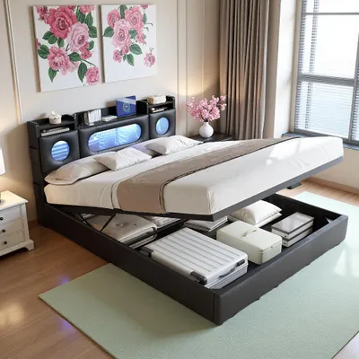 Produktbild von UnboxG Polsterbett 140x200 cm Schwarz aus Kunstleder mit Stauraum & Gasdruckfeder – LED-Kopfteil mit Ablage, USB & Type-C Anschluss, Doppelbett