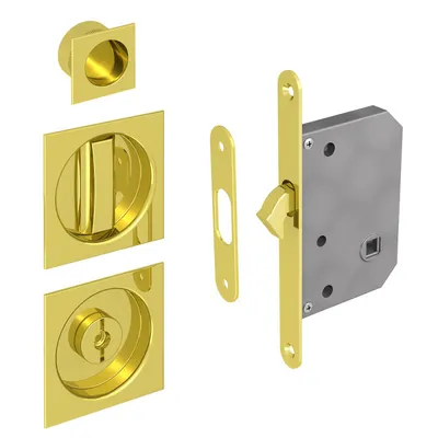 Produktbild von WC Hakenschloss Set für Schiebetüren, eckige Türrosette mit Griffmulde, Badezimmerschloss, Einsteckschloss, gold