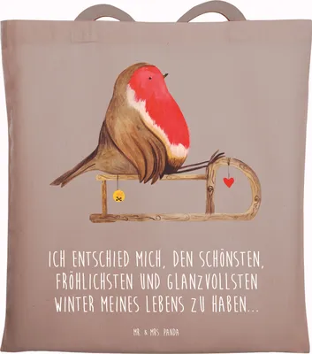 Produktbild von Mr. & Mrs. Panda Uni Tasche Rotkehlchen Schlitten - Braun Pastell - Geschenk, Laptoptasche, Weihnachten, Schultasche, Vogel, Jutebeutel, Einkaufstasche, Beutel