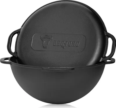 A black cast iron pot with a lid, shown from a slightly elevated angle.
