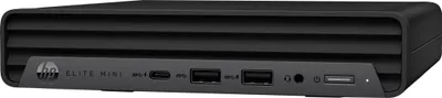 A front view of a black HP Elite Mini desktop computer.