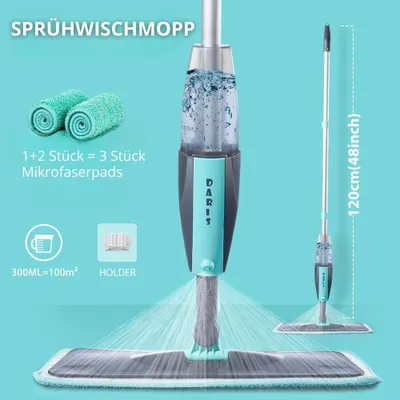 A spray mop with its accessories and features highlighted.