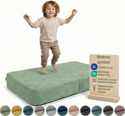 Produktbild von Pillows24 – Hüpfpolster für Kinder | Hüpfkissen 70x110x17 cm | Federn & Schaumstoff | Kindertrampolin für Zuhause | Hüpfmatte | abnehmbarem Cordbezug