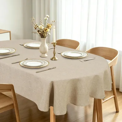 Produktbild von Tischdecke Oval 135x180cm Beige Abwaschbar Outdoor Polyester Leinenoptik