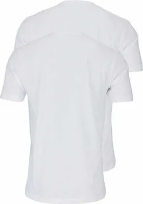 Two white t-shirts are shown from the back, one slightly behind the other.
