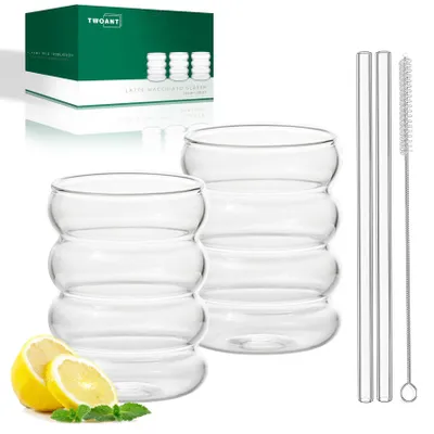 Geribbelte Trinkgläser 2er-Set 350 ml mit Strohhalmen
